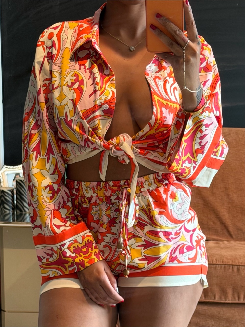 Fashion Nova Orange & Pink Swirl Tie-Front Two-Piece Set